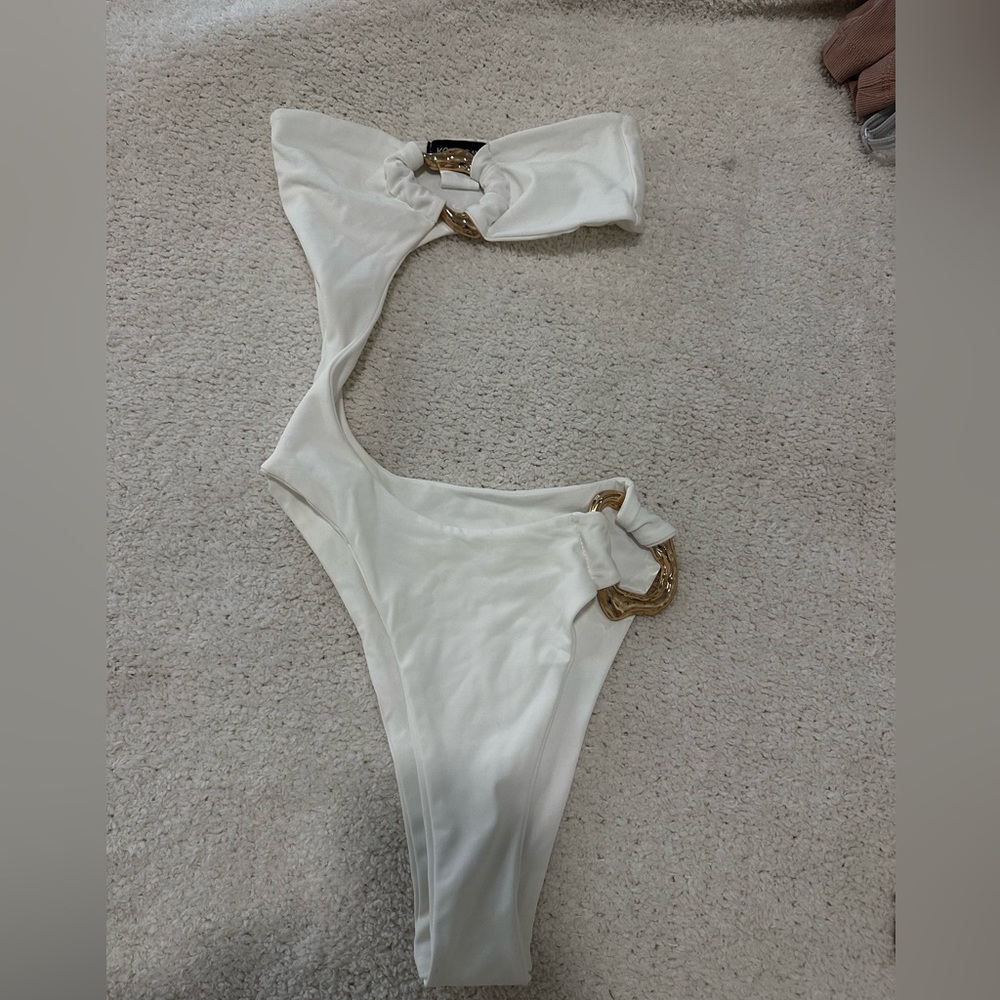White Cutout One-Piece Swimsuit (Gold Hardware)